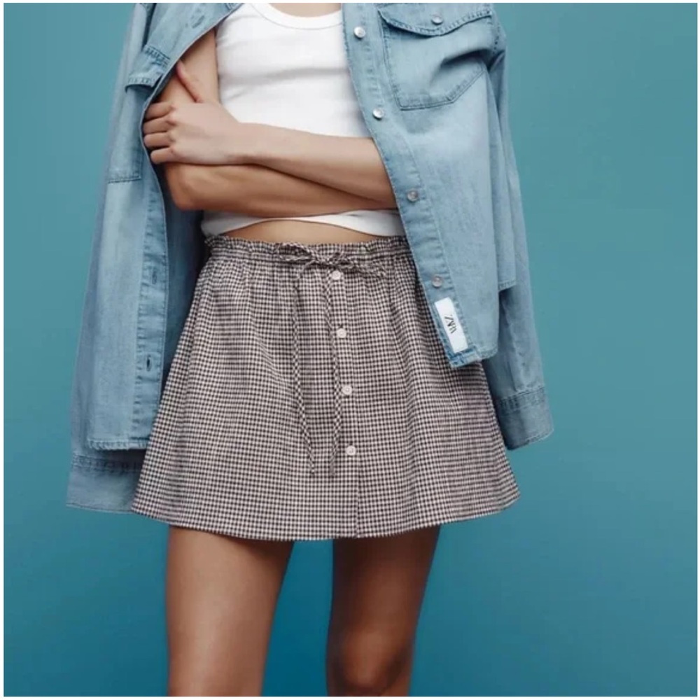 Zara Cotton Gingham Mini Skirt Brown & White